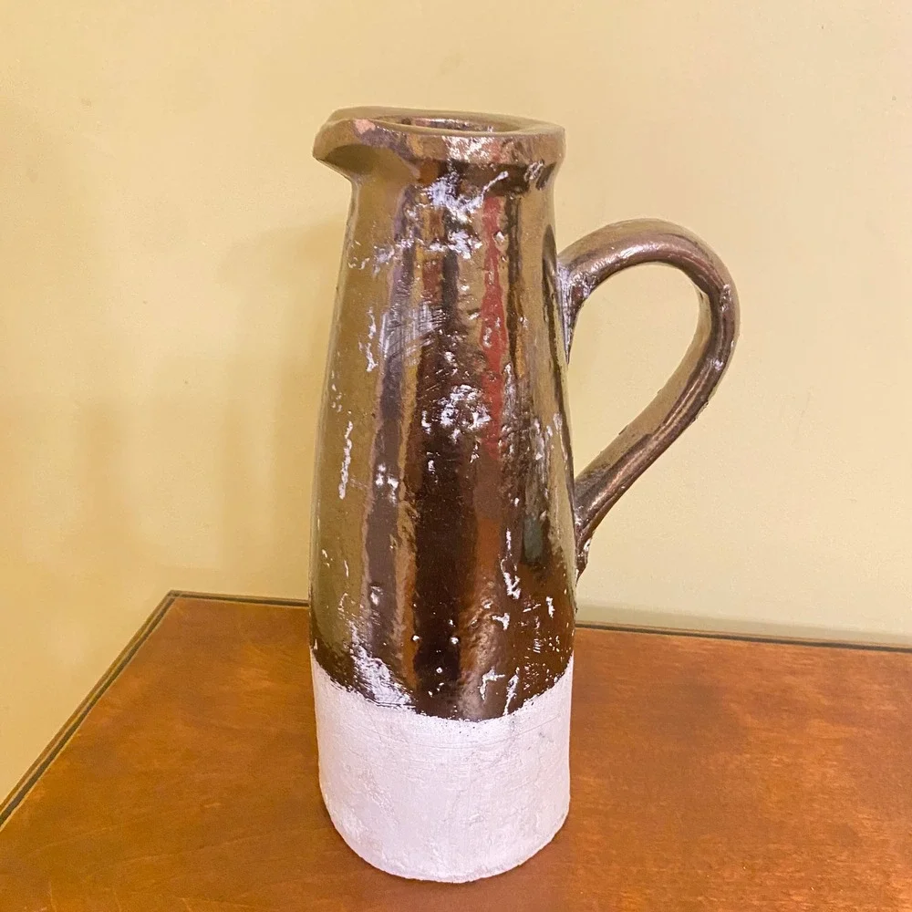 Ceramic Pitcher Vase Brown And White Two Tone Farmhouse Decor Rustic Jug‎
